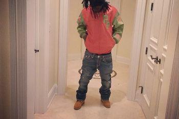 887e56 chief keef pelle pelle renegades fire orange plush leather jacket true religion jeans timberland boots on feet