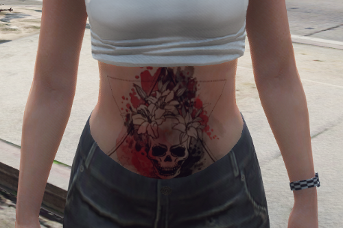 Stomach Tattoo - Skull & Flowers Design