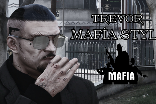 Mafia style tattoos, hair and black suit for Trevor 