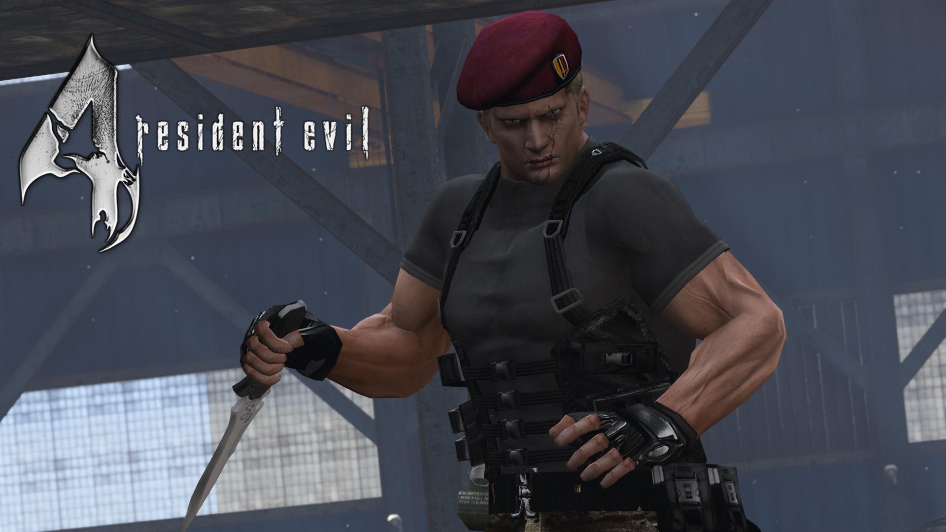Classic RE4 Krauser outfit for the RE4 Remake version of the character.  Adds Krauser's classic vest, webbed belt, grenades, camo pants, removes the  untrimmed beret tail, darkens his shirt and blouses his