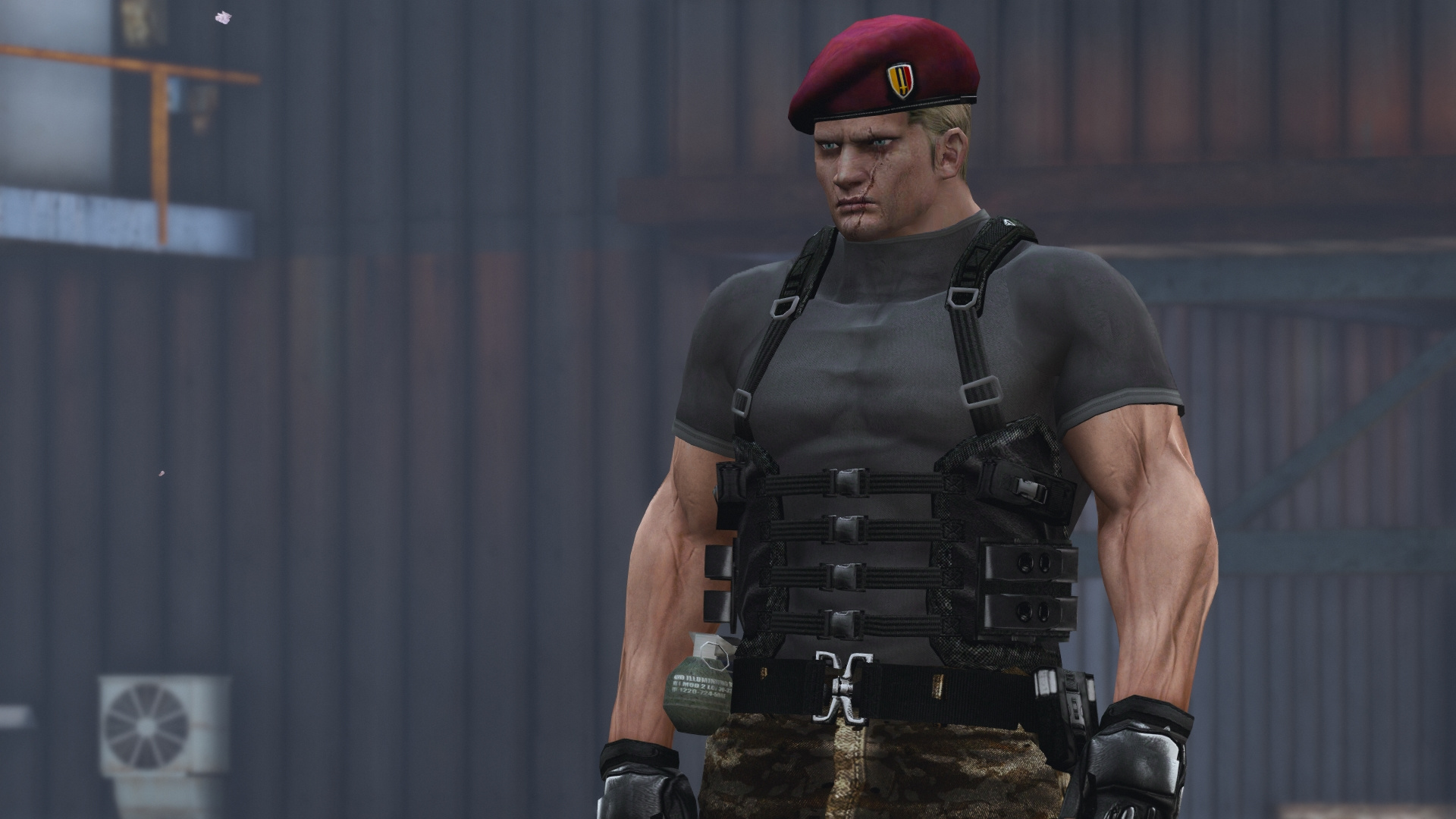 Classic RE4 Krauser outfit for the RE4 Remake version of the character.  Adds Krauser's classic vest, webbed belt, grenades, camo pants, removes the  untrimmed beret tail, darkens his shirt and blouses his